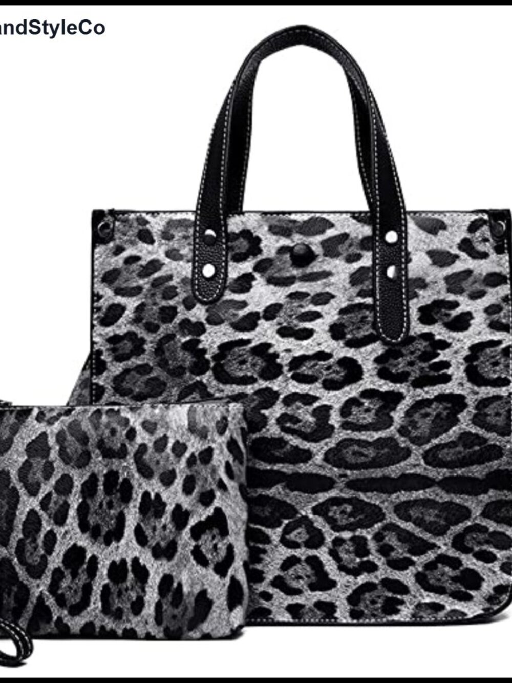 Faux Leather Leopard Print Tote Bag Set 2 Pc Shoulder Handbag Wristlet Pouch
